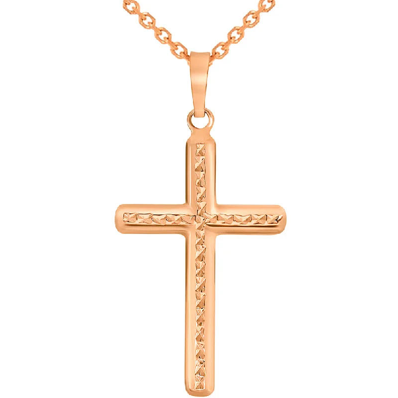 14k Rose Gold Textured Religious Classic Cross Pendant Necklace with Rolo Cable Chain