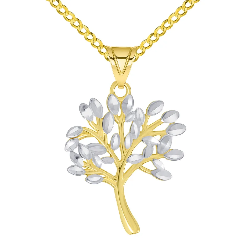 14k Solid Yellow Gold Textured Two Tone Tree of Life Pendant Necklace Available with Curb Chain