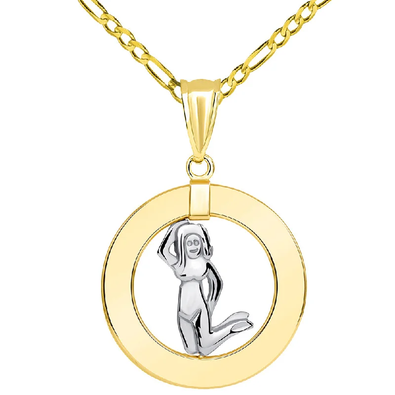 14k Two Tone Gold Open Circle Virgo Zodiac Sign Pendant Figaro Necklace