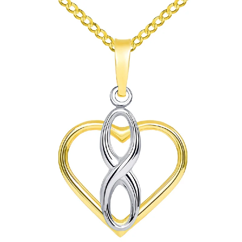 14k Two Tone Gold Vertical Infinity Sign in Open Heart Pendant with Cuban Necklace