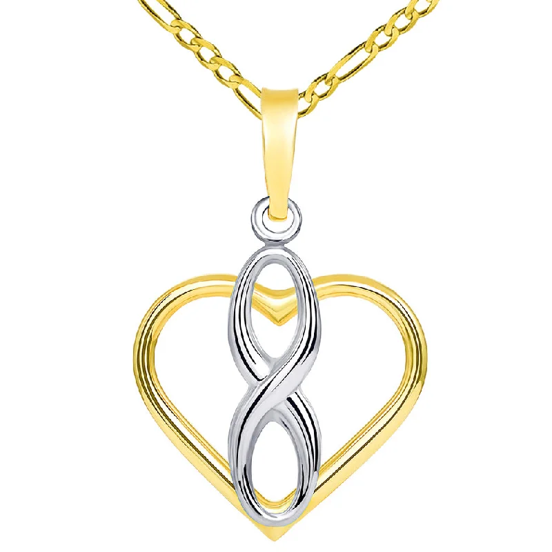 14k Two Tone Gold Vertical Infinity Sign in Open Heart Pendant with Figaro Necklace