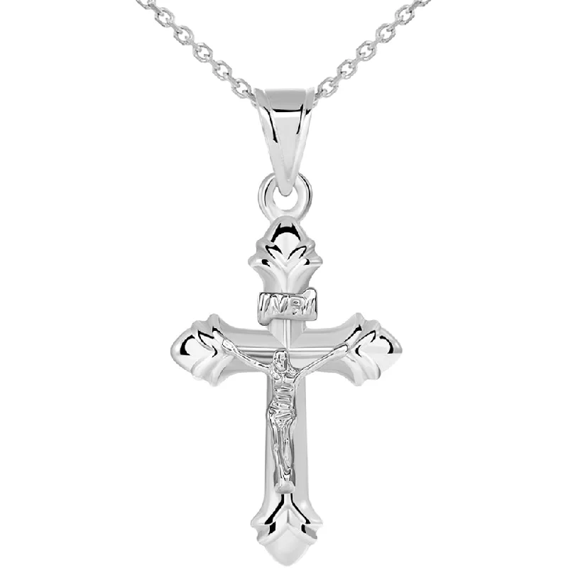 14k White Gold INRI Fleur-de-Lis Crucifix Cross Pendant Necklace