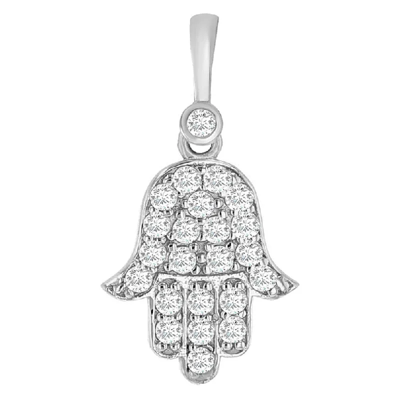 14k White Gold Mini Hamsa Hand of Fatima Charm Pendant with Cubic Zirconia