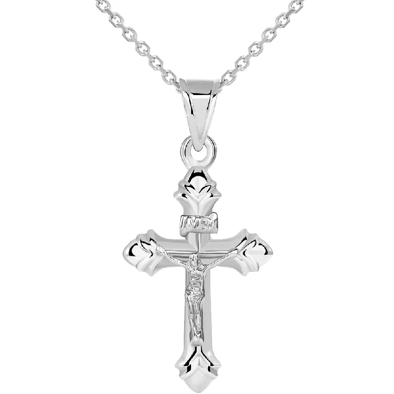 14k White Gold Small INRI Fleur-de-Lis Crucifix Cross Pendant Necklace