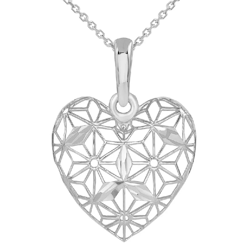 14k White Gold Textured 3D Filigree Heart Charm Pendant Necklace