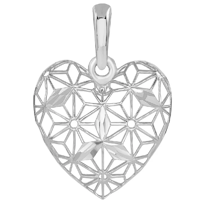 14k White Gold Textured 3D Filigree Heart Charm Pendant