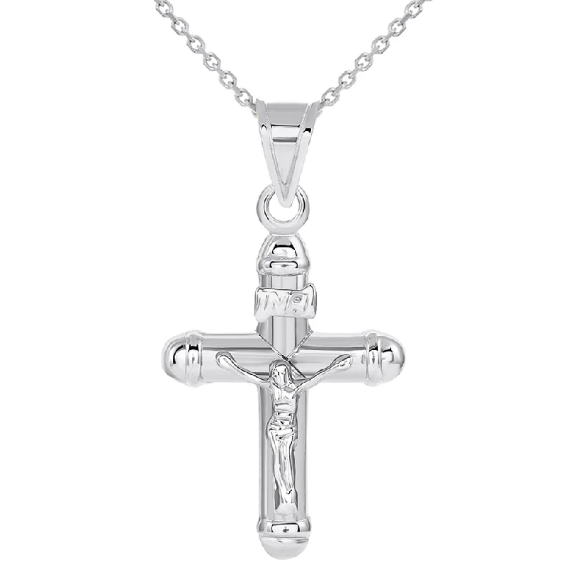 14k White Gold Tubuar INRI Crucifix Religious Cross Pendant Necklace