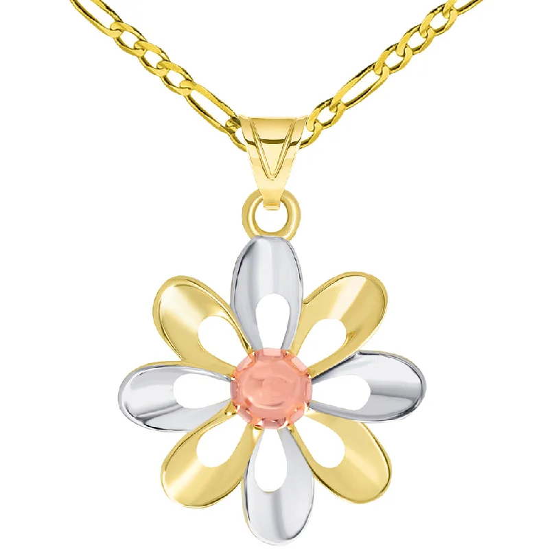 14k Yellow Gold and Rose Gold High Polish Tri-Tone Open Daisy Charm Pendant Available with Figaro Chain