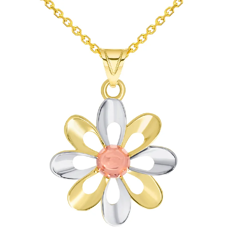 14k Yellow Gold and Rose Gold High Polish Tri-Tone Open Daisy Charm Pendant Available with Cable Chain