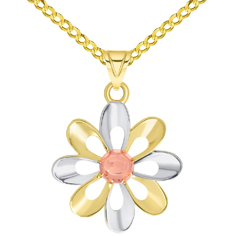 14k Yellow Gold and Rose Gold High Polish Tri-Tone Open Daisy Charm Pendant Available with Curb Chain