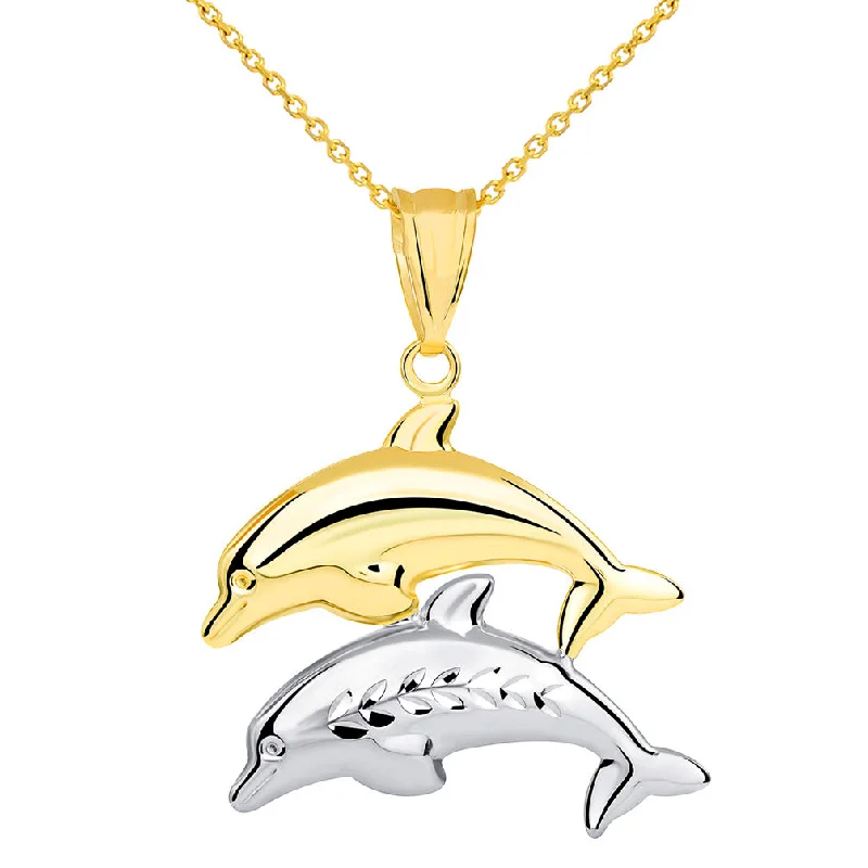 14k Yellow Gold and White Gold Two Tone 3D Dolphins Jumping Pendant Necklace