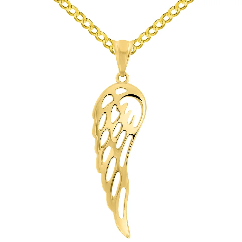 14k Yellow Gold Angel Wing Protection Pendant Necklace Available with Curb Chain