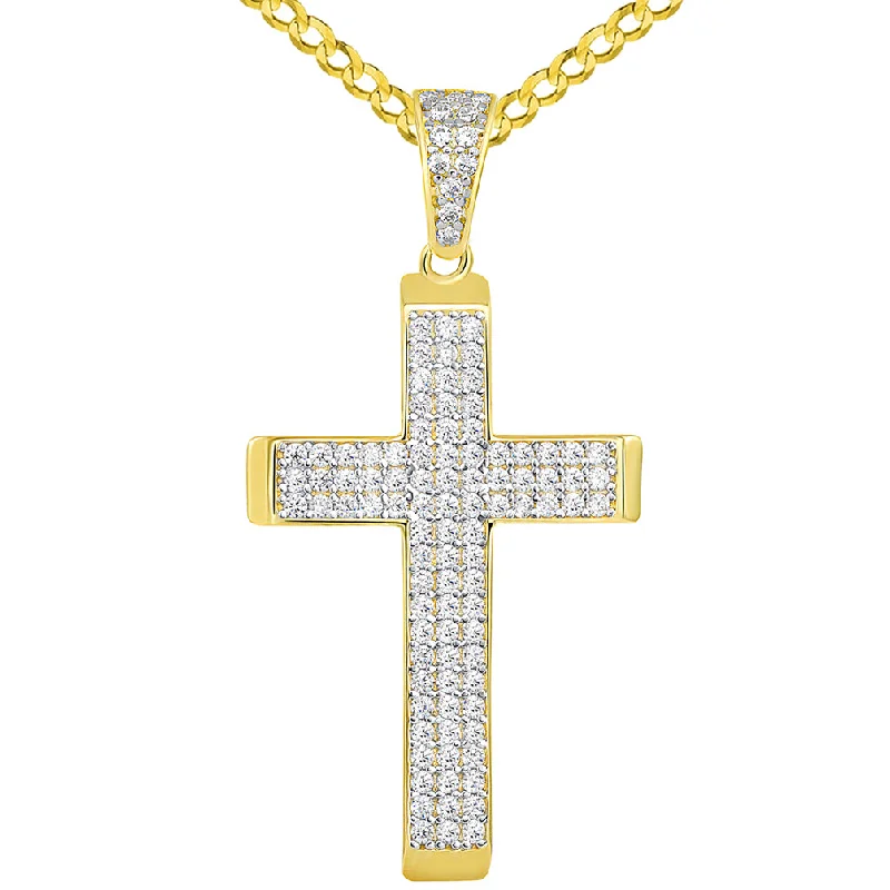 14k Yellow Gold Cubic Zirconia Beveled Edge Classic Cross Pendant Cuban Necklace