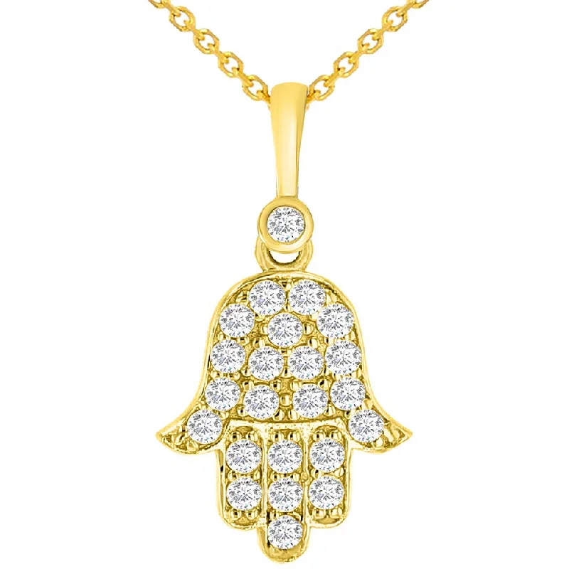 14k Yellow Gold Cubic Zirconia Mini Hamsa Hand of Fatima Charm Pendant Necklace