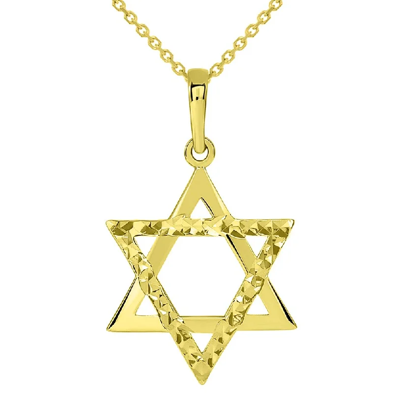 14k Yellow Gold High Polished and Sparkle Cut Hebrew Star of David Pendant Necklace