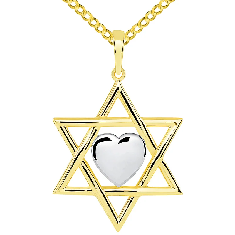 14k Yellow Gold Jewish Love Star of David with Heart Pendant with Cuban Chain Necklace