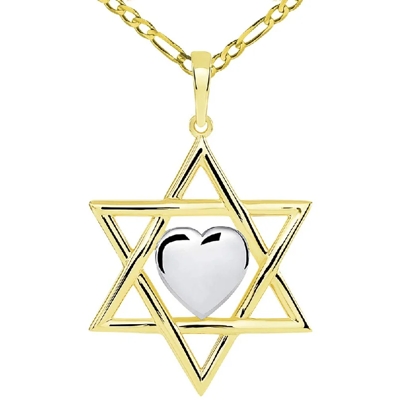 14k Yellow Gold Jewish Love Star of David with Heart Pendant with Figaro Necklace