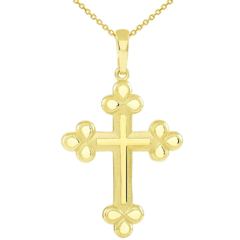 14k Yellow Gold Polished and Matte Finish Christian Eastern Orthodox Cross Pendant Necklace