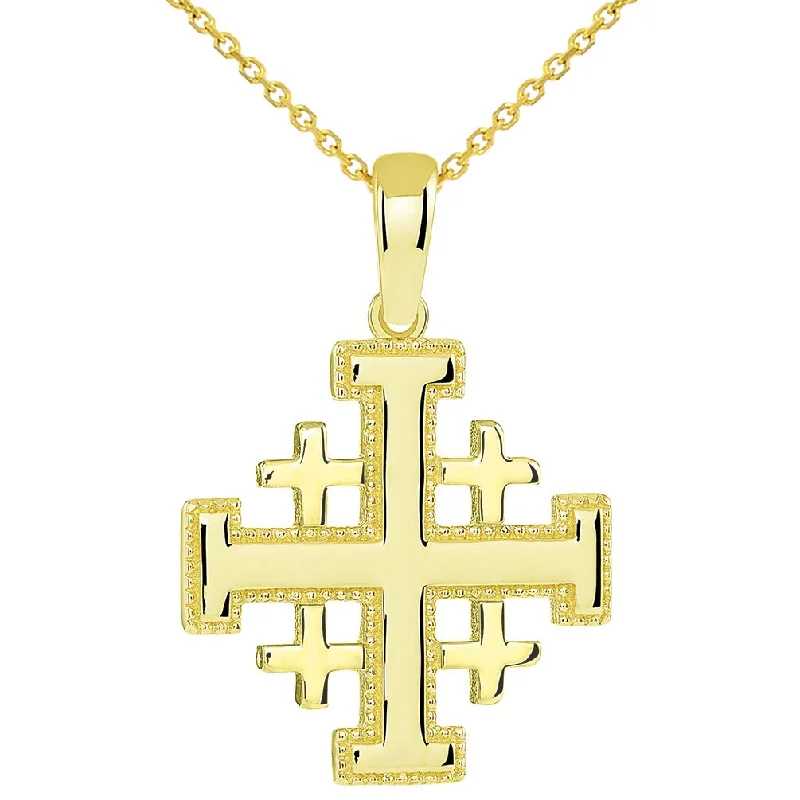 14k Yellow Gold Religious Crusaders Jerusalem Cross Pendant Necklace