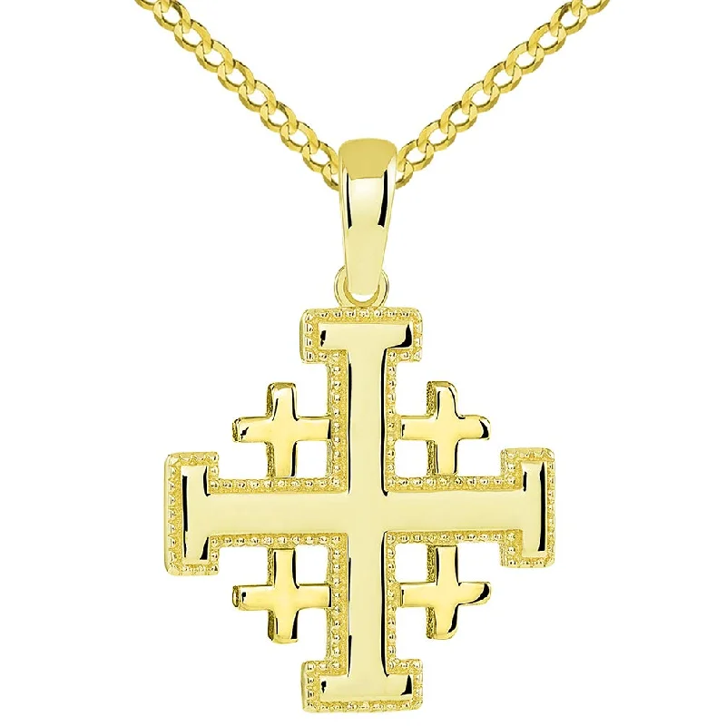 14k Yellow Gold Religious Crusaders Jerusalem Cross Pendant with Curb Chain Necklace