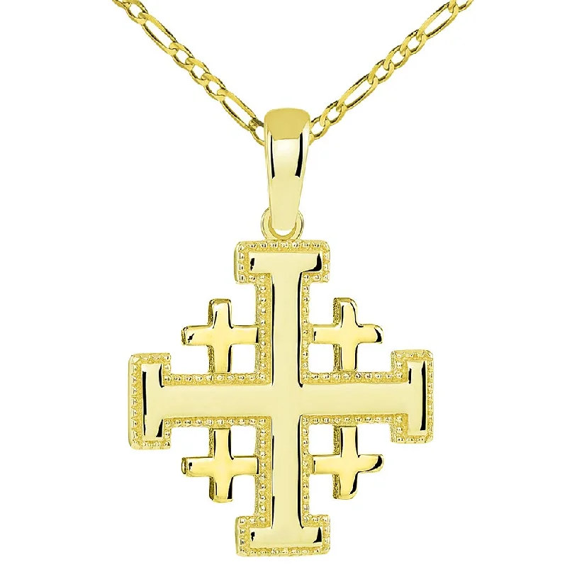 14k Yellow Gold Religious Crusaders Jerusalem Cross Pendant with Figaro Chain Necklace