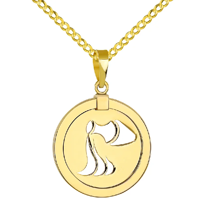 14K Yellow Gold Reversible Round Aquarius Zodiac Sign Pendant with Cuban Chain Necklace