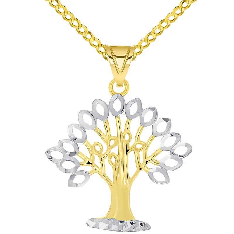 14k Yellow Gold Solid and Textured Tree of Life Two-Tone Pendant Necklace with Curb Chain