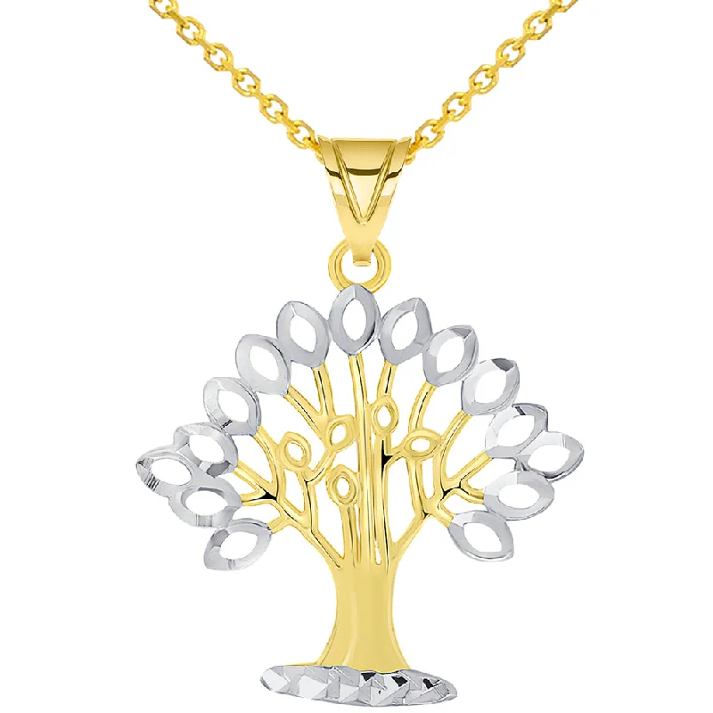 14k Yellow Gold Solid and Textured Tree of Life Two-Tone Pendant Necklace with Cable Chain