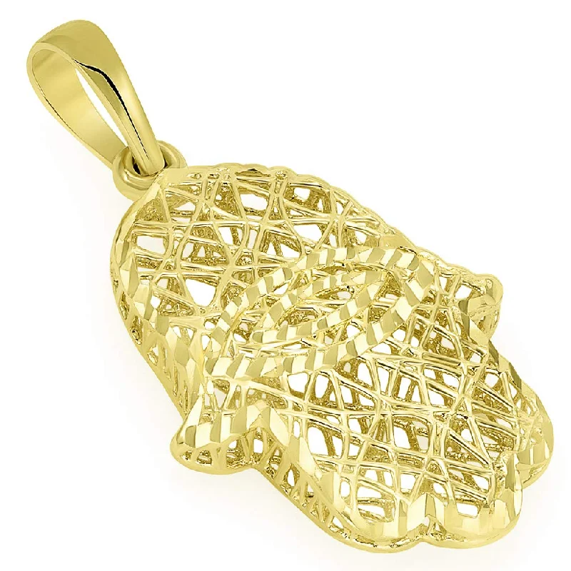 14k Yellow Gold Textured 3-D Hamsa Hand of Fatima with Evil Eye Pendant