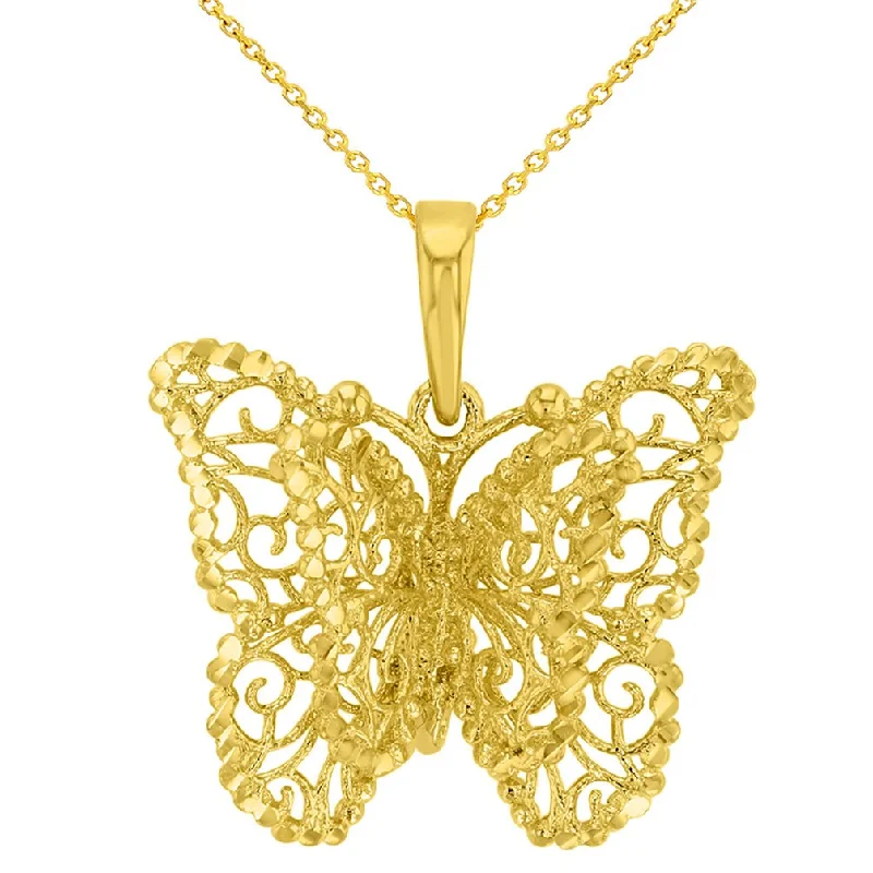 14K Yellow Gold Textured Filigree Butterfly with Four Wings Pendant Necklace