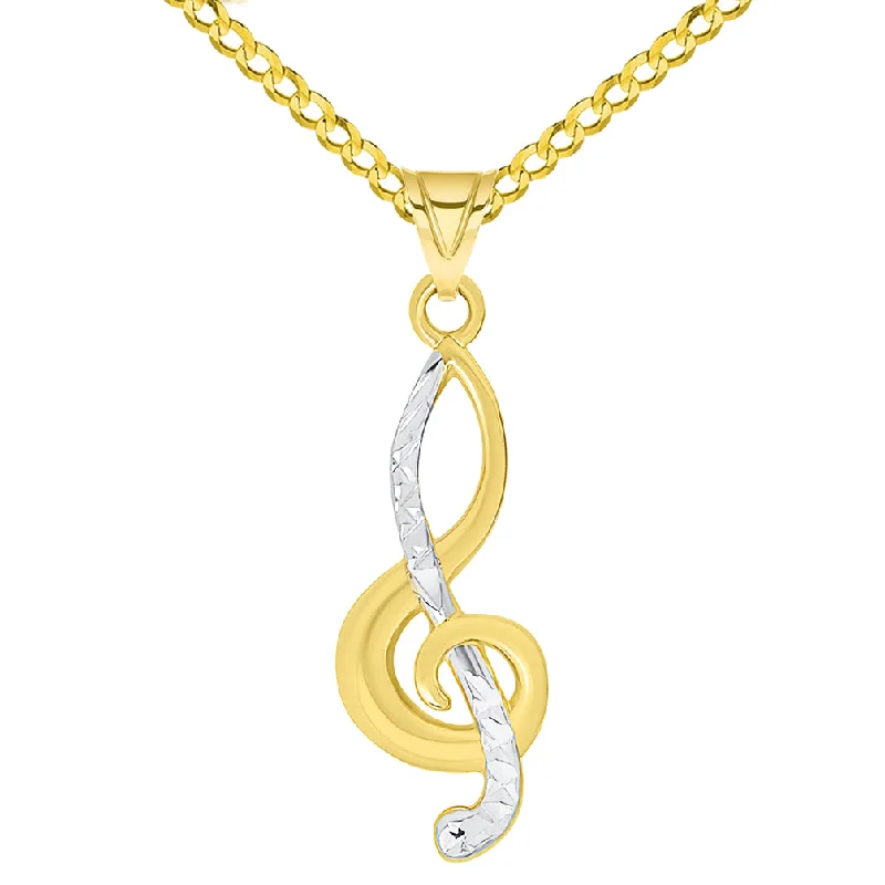 14k Yellow Gold Textured G Clef Charm Two Tone Musical Note Pendant Necklace Available with Curb Chain