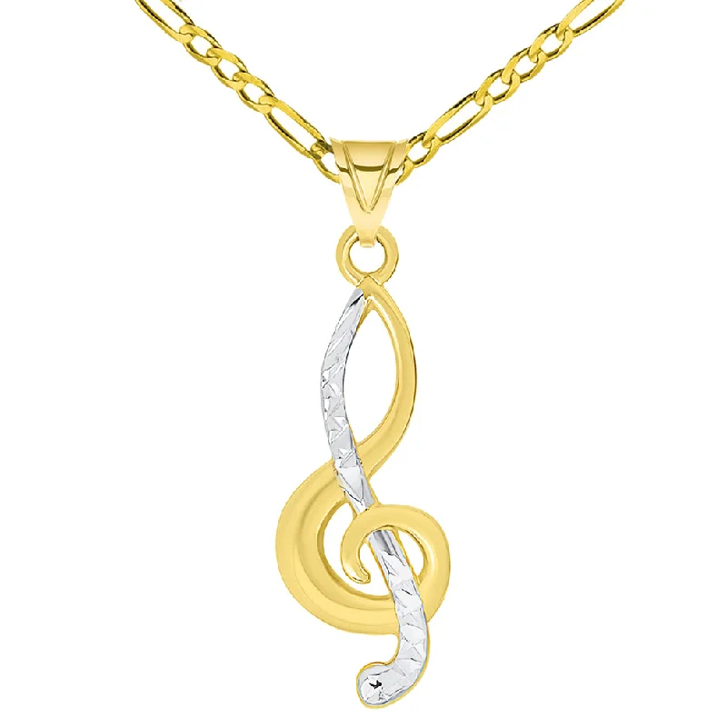 14k Yellow Gold Textured G Clef Charm Two Tone Musical Note Pendant Necklace Available with Figaro Chain