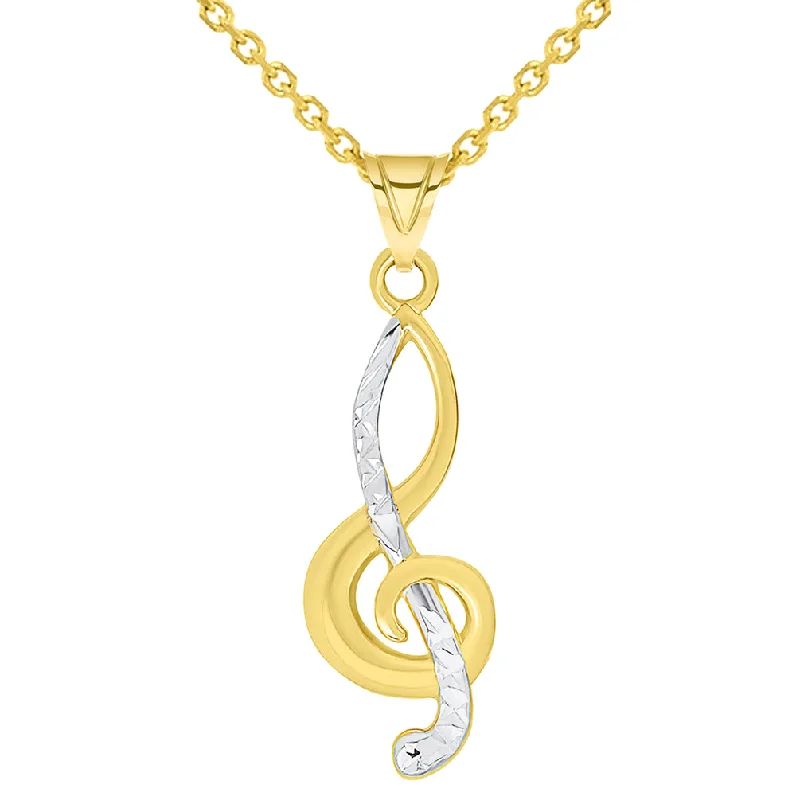 14k Yellow Gold Textured G Clef Charm Two Tone Musical Note Pendant Necklace Available with Cable Chain