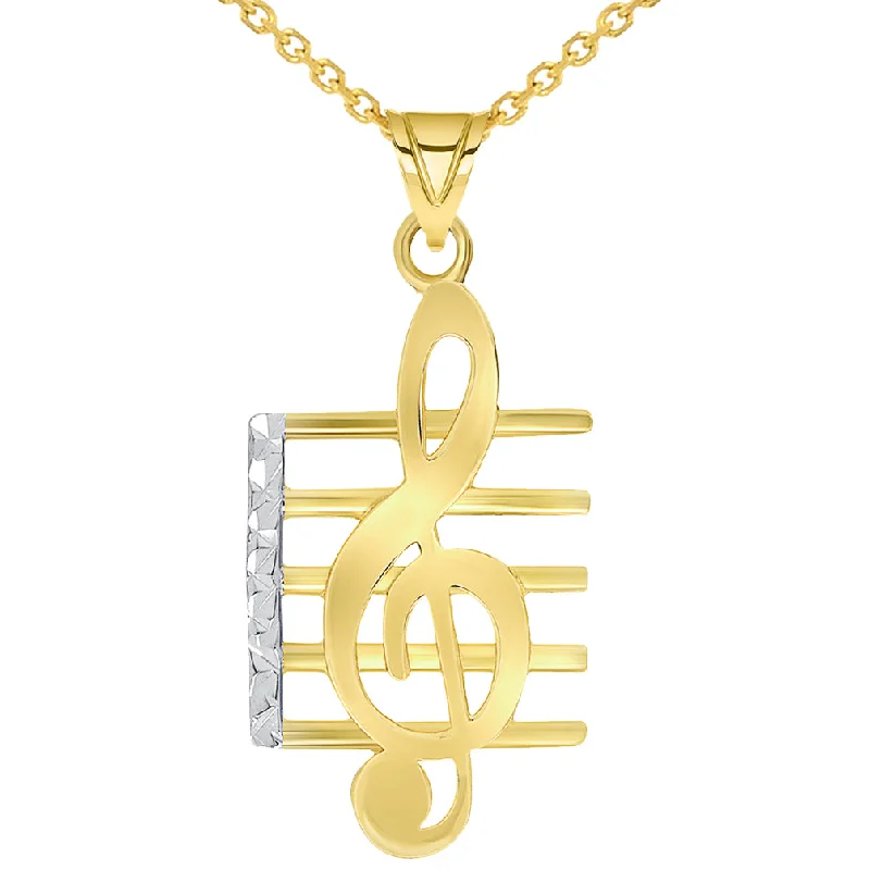 14k Yellow Gold Textured G Clef Musical Note On Staff Pendant Necklace with Cable Chain