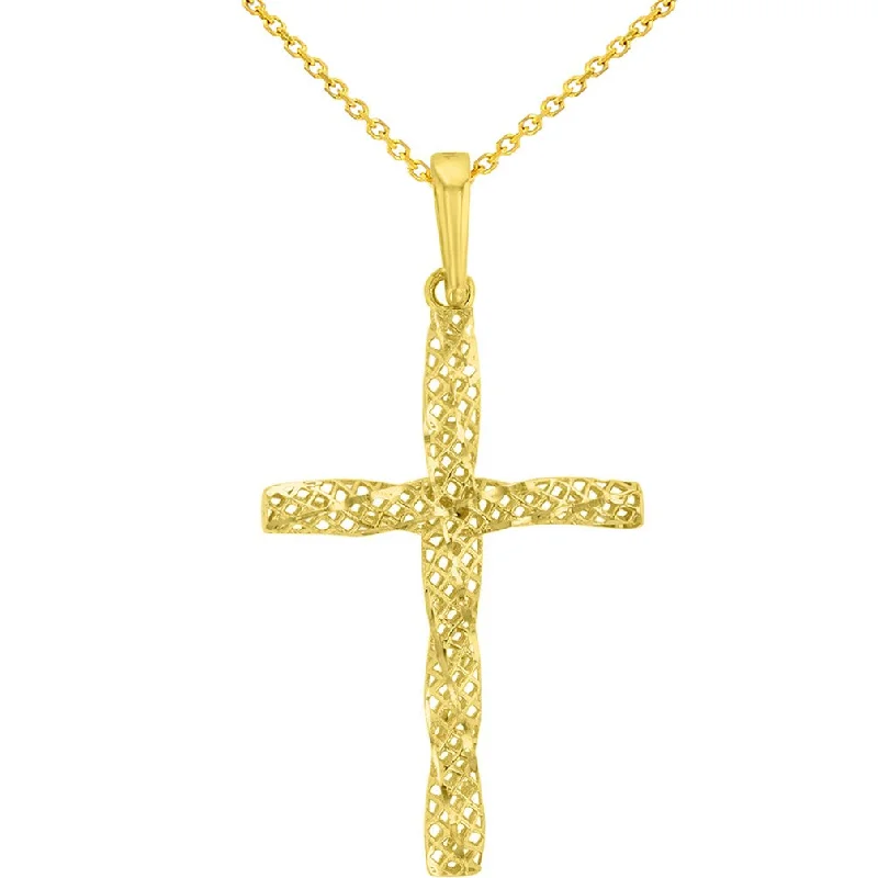 14K Yellow Gold Textured Spiral Tube Cross Pendant With Rolo Chain Necklace