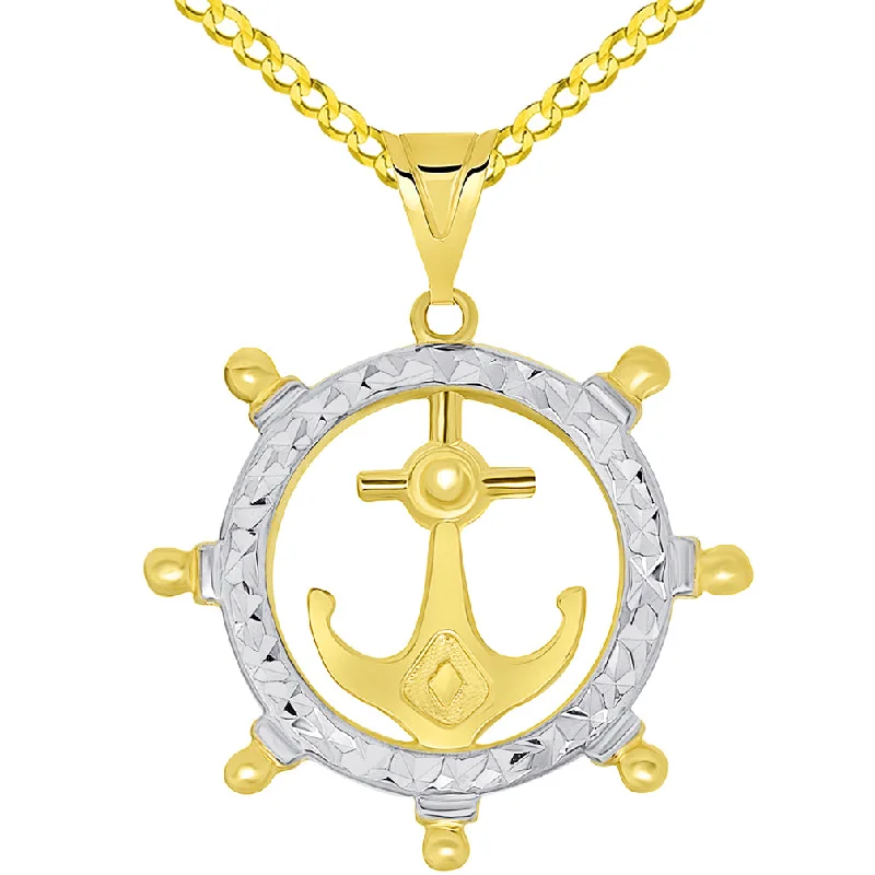 14k Yellow Gold Textured Two Tone Anchor Inside Ships Wheel Pendant Necklace Available with Curb Chain Necklace