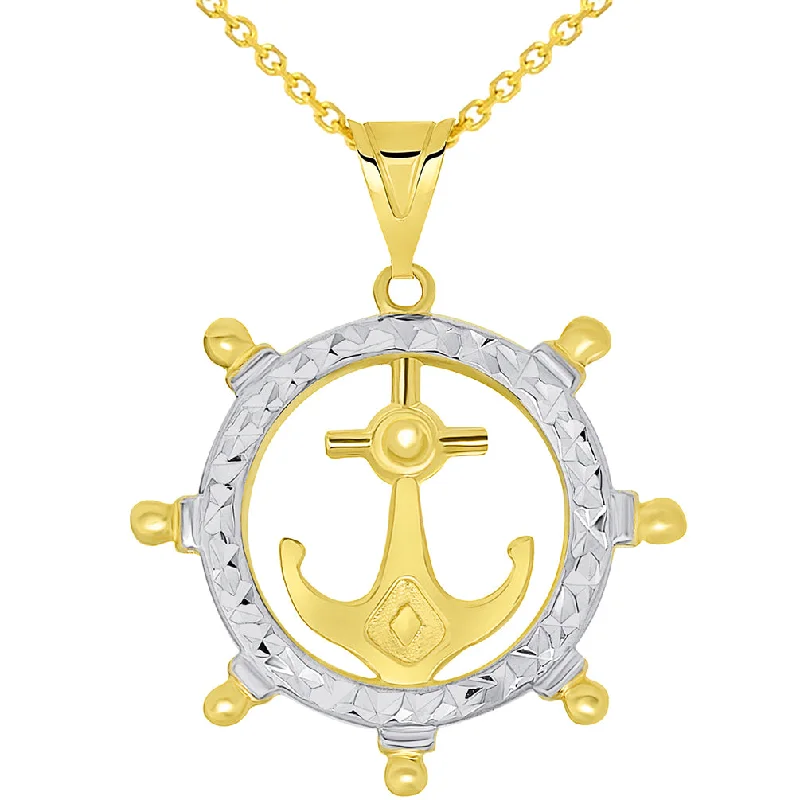 14k Yellow Gold Textured Two Tone Anchor Inside Ships Wheel Pendant Necklace Available with Cable Chain Necklaces