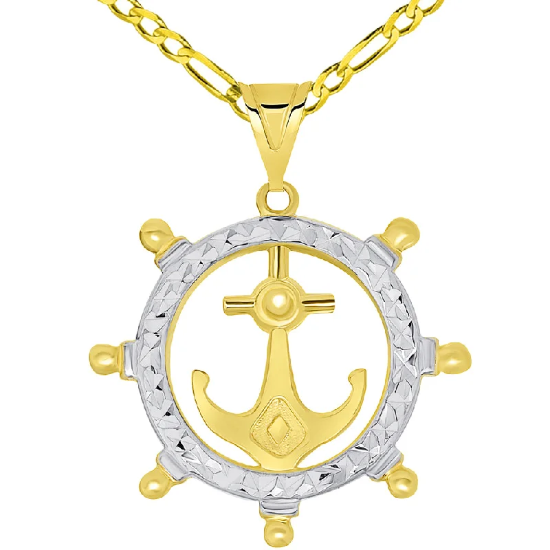 14k Yellow Gold Textured Two Tone Anchor Inside Ships Wheel Pendant Necklace Available with Figaro Chain Necklace