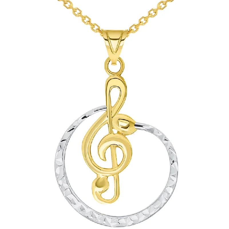 14k Yellow Gold Textured Two Tone Cirlce G Clef Charm Musical Note Pendant Available with Cable Chain