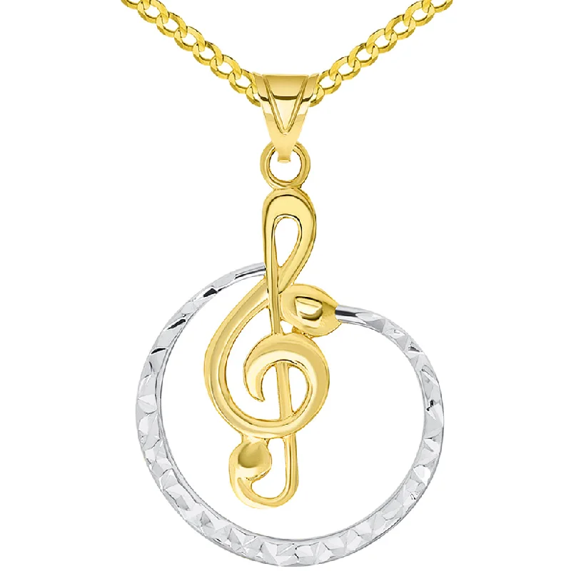 14k Yellow Gold Textured Two Tone Cirlce G Clef Charm Musical Note Pendant Available with Curb Chain