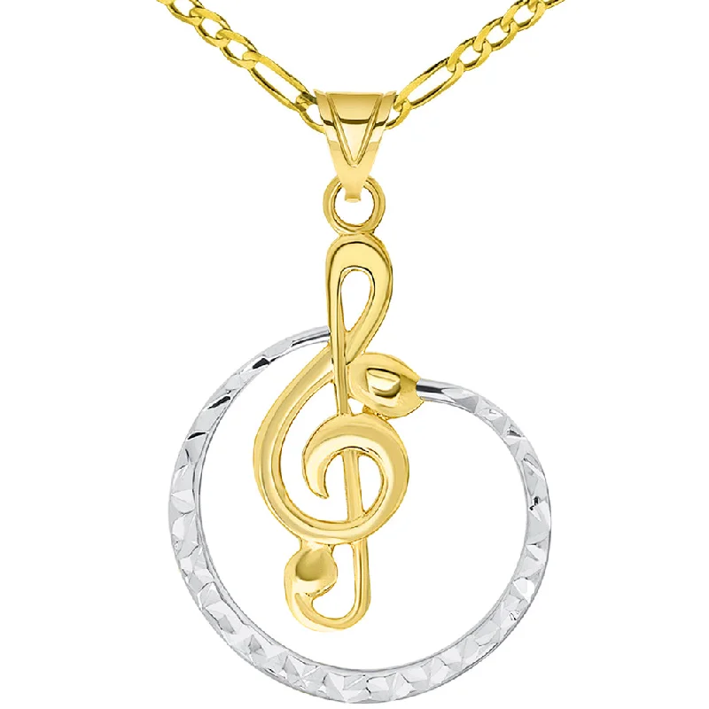 14k Yellow Gold Textured Two Tone Cirlce G Clef Charm Musical Note Pendant Available with Figaro Chain