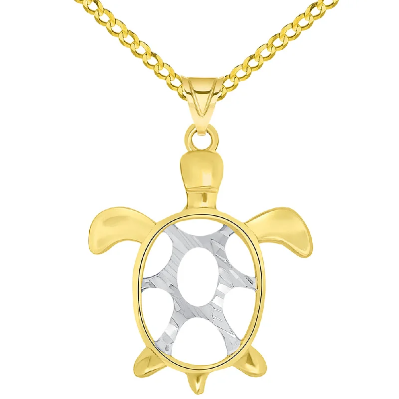 14k Yellow Gold Textured Two Tone Open Shell Sea Turtle Good Luck Pendant Necklace Available with Curb Chain