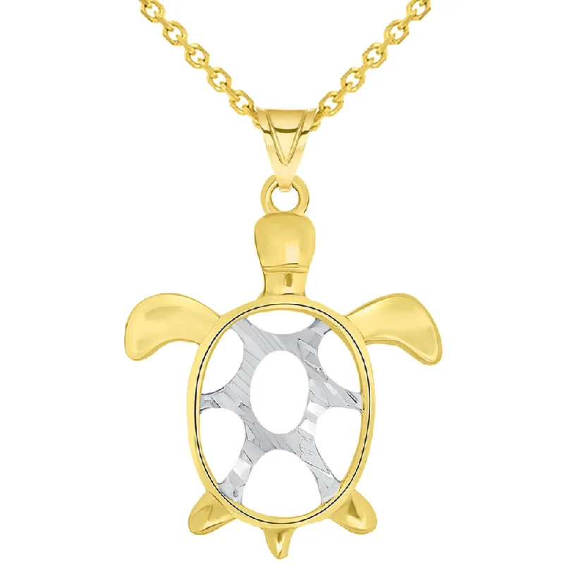 14k Yellow Gold Textured Two Tone Open Shell Sea Turtle Good Luck Pendant Necklace Available with Cable Chain