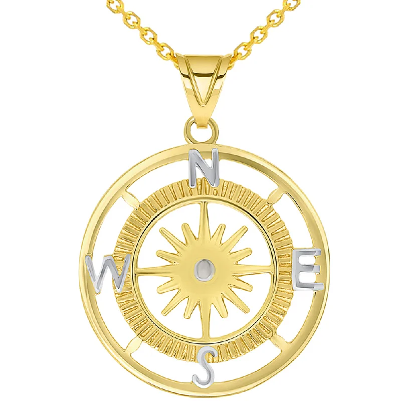 14k Yellow Gold Two Tone 16-Wind Point Compass Rose Pendant Necklace Available with Cable Chain Necklaces