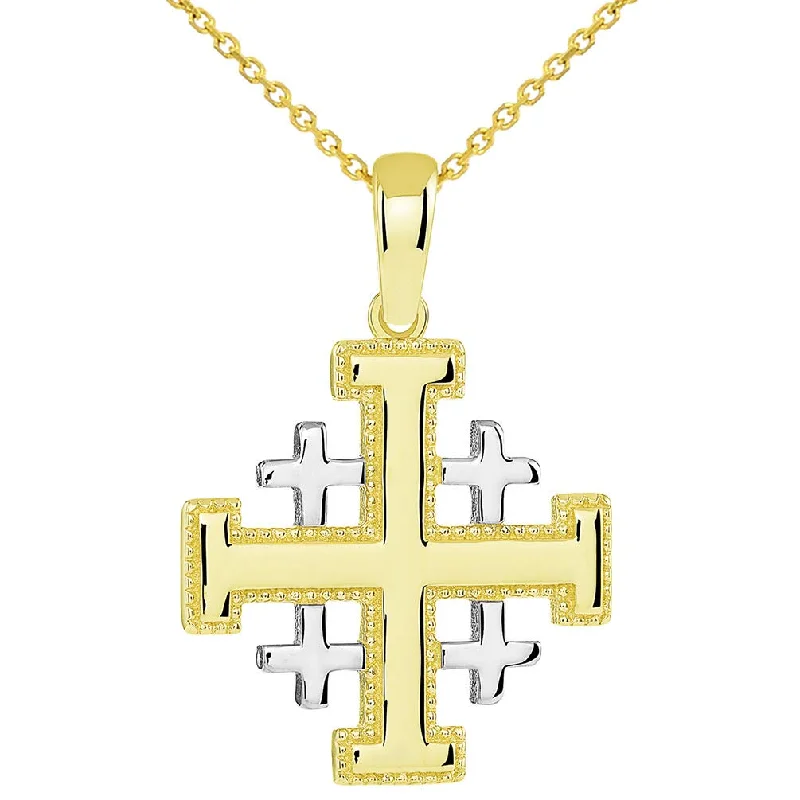 14k Yellow Gold Two Tone Crusaders Jerusalem Cross Pendant Necklace