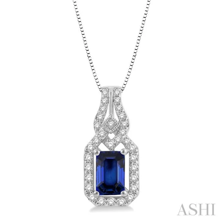 1/5 Ctw Interlocking Round Cut Diamond & 6x4MM Emerald Cut Sapphire Precious Pendant With Chain in 14K White Gold