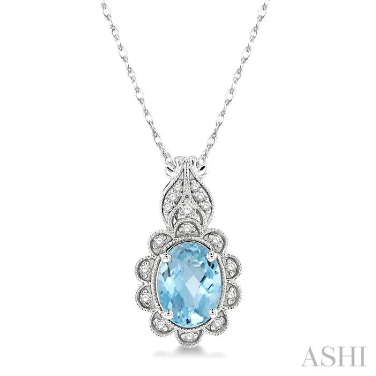 1/10 Ctw Floral 8x6MM Oval Cut Aquamarine and Round Cut Diamond Semi Precious Pendant With Chain in 10K White Gold