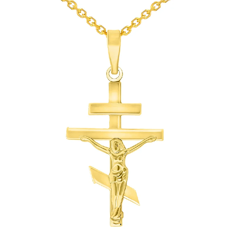 High Polish 14k Yellow Gold Russian Orthodox Cross Crucifix Pendant Necklace