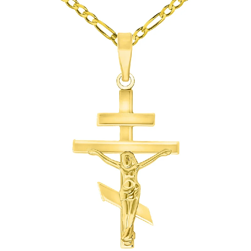 High Polish 14k Yellow Gold Russian Orthodox Cross Crucifix Pendant with Figaro Chain Necklace