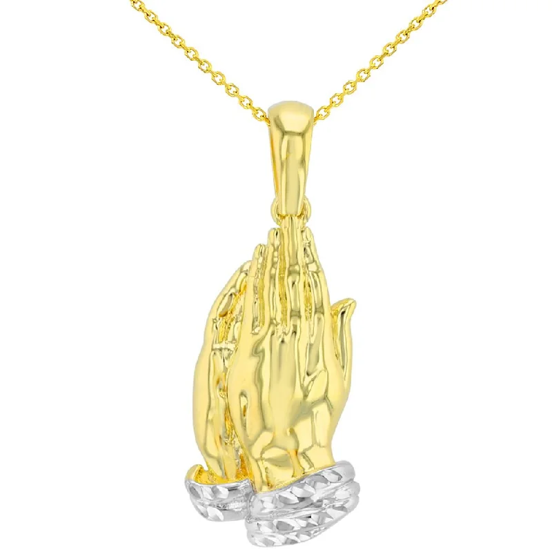 High Polished 14K Yellow Gold Religious Dainty Praying Prayer Hands Pendant Necklace